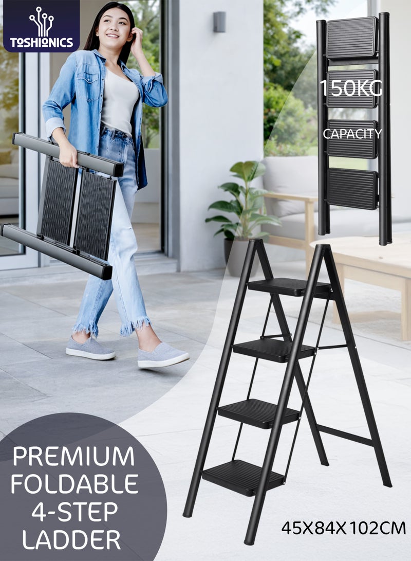 توشيونيكس سلم قابل للطي متعدد الاستخدامات بأربع درجات، سلم فولاذي متين مانع للانزلاق بدواسة عريضة، سلم محمول خفيف الوزن قابل للطي للمنزل والمطبخ والمكتب والمكتبة، سعة تحميل 150 كجم - Image 1